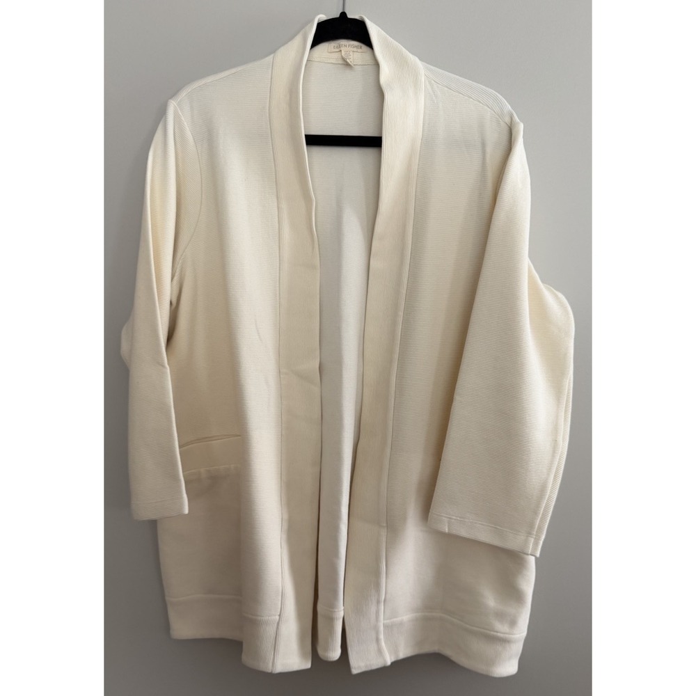 Eileen Fisher Organic Cotton Rib Terry Open Kimono Cardigan Ivory Womens Size Lg